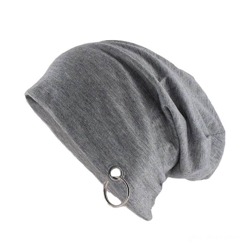 Light gray goth beanie with metal hoop ornament, slouch fit gothic winter hat