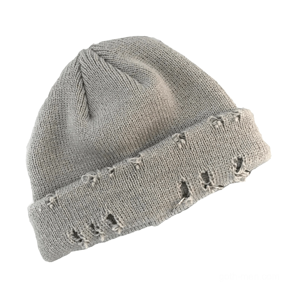 Light gray gothic distressed beanie with metal rings and rolled cuff construction