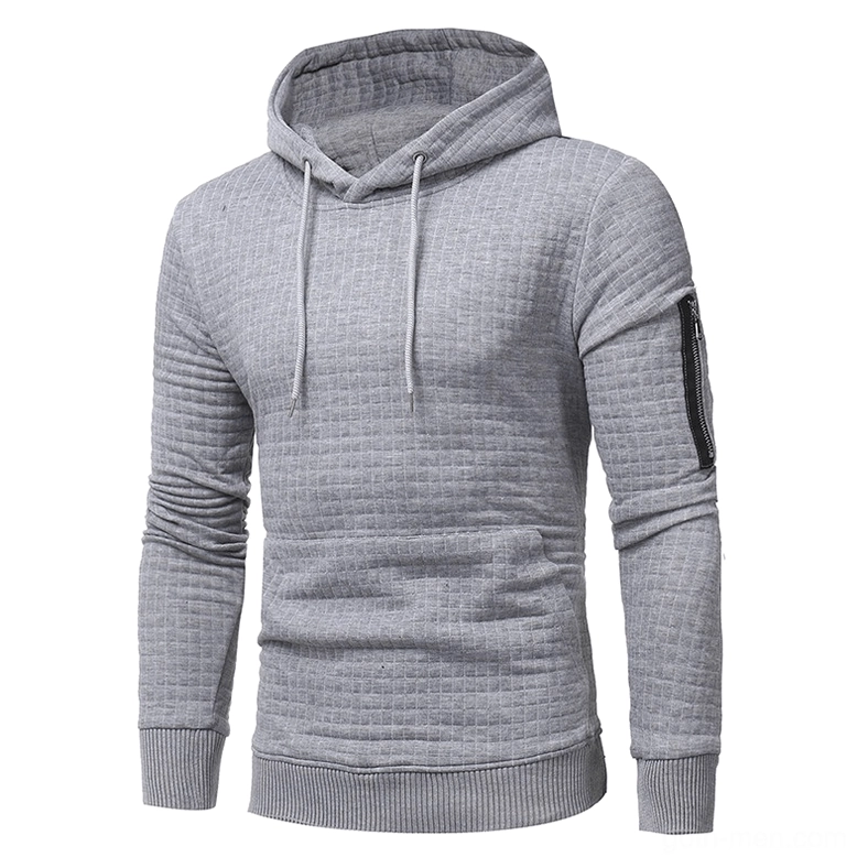 Light heather gray men's quilted hooded sweatshirt with arm zipper