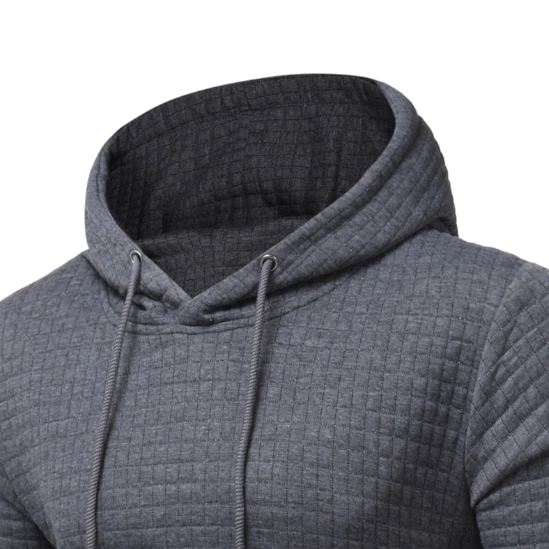 Light gray quilted hooded sweatshirt men's hood design detail