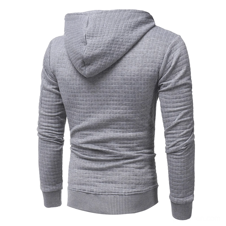 Light gray quilted men's hooded sweatshirt front pocket feature