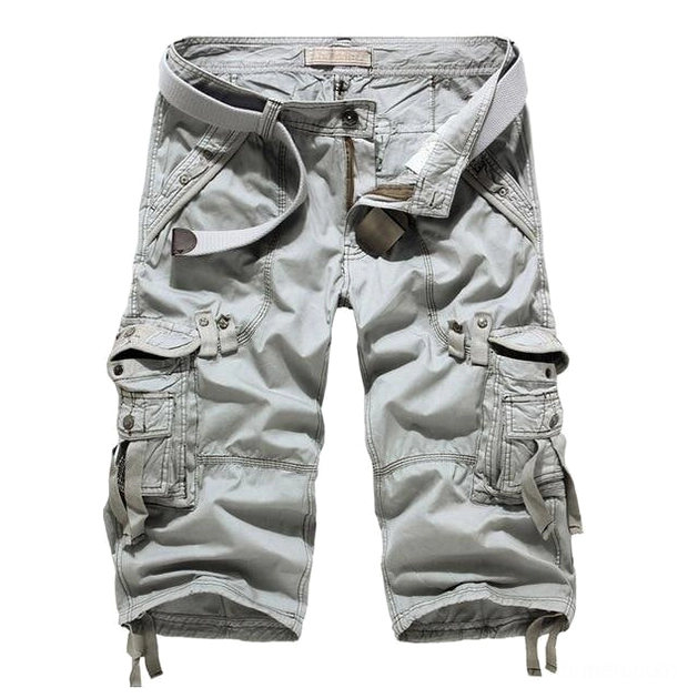 Light gray tactical cargo capri shorts flat lay - minimalist goth military design with pockets