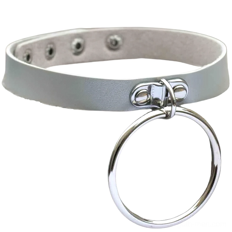 Light grey leather gothic choker featuring silver padlock pendant and adjustable double-layer design