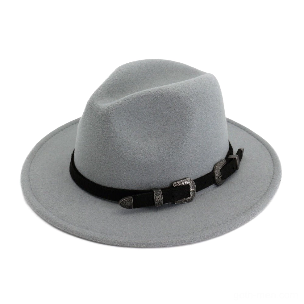 Light grey felt trilby hat with dual metal buckle strap, modern gothic hat design