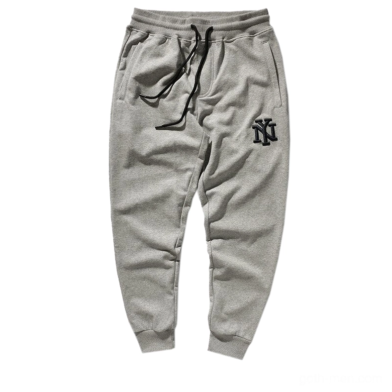 Light heather grey alternative jogger sweatpants with black NY embroidery, flat lay front view