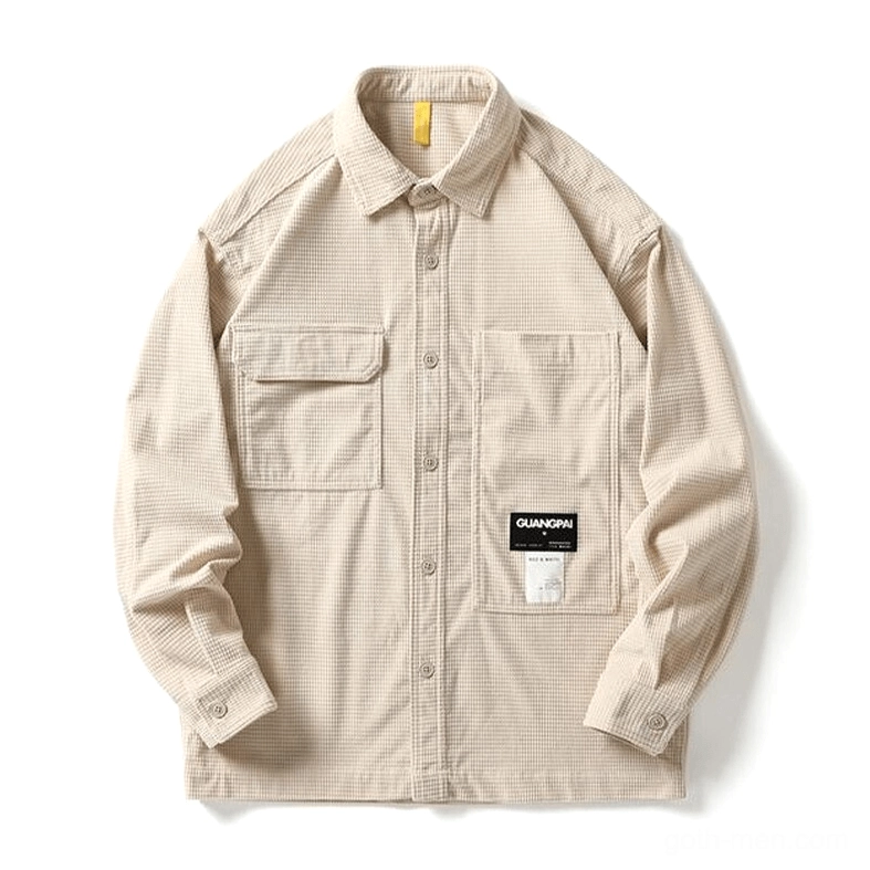 Light khaki waffle plaid gothic shirt flat lay - button-down collar and chest pockets detail