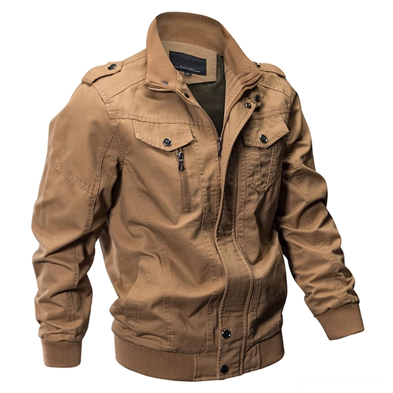 Light khaki military cotton jacket zippered chest pocket button zipper closure epaulets