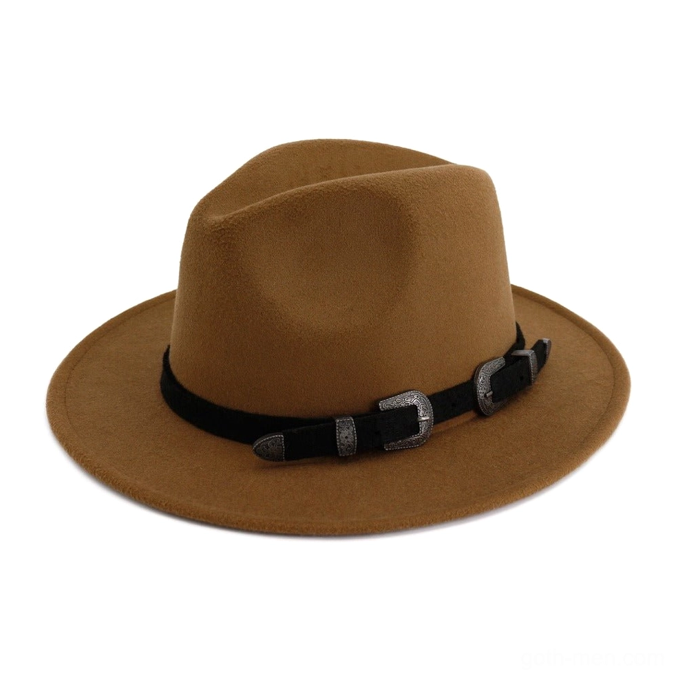 Light tan felt fedora with western belt buckle hat band, versatile gothic accessory flat lay