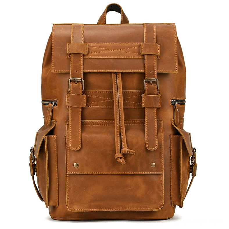 Light tan genuine leather gothic backpack with vintage finish and multiple exterior pockets - full front view