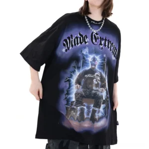 Lightning throne oversized black gothic graphic tee front view on female model