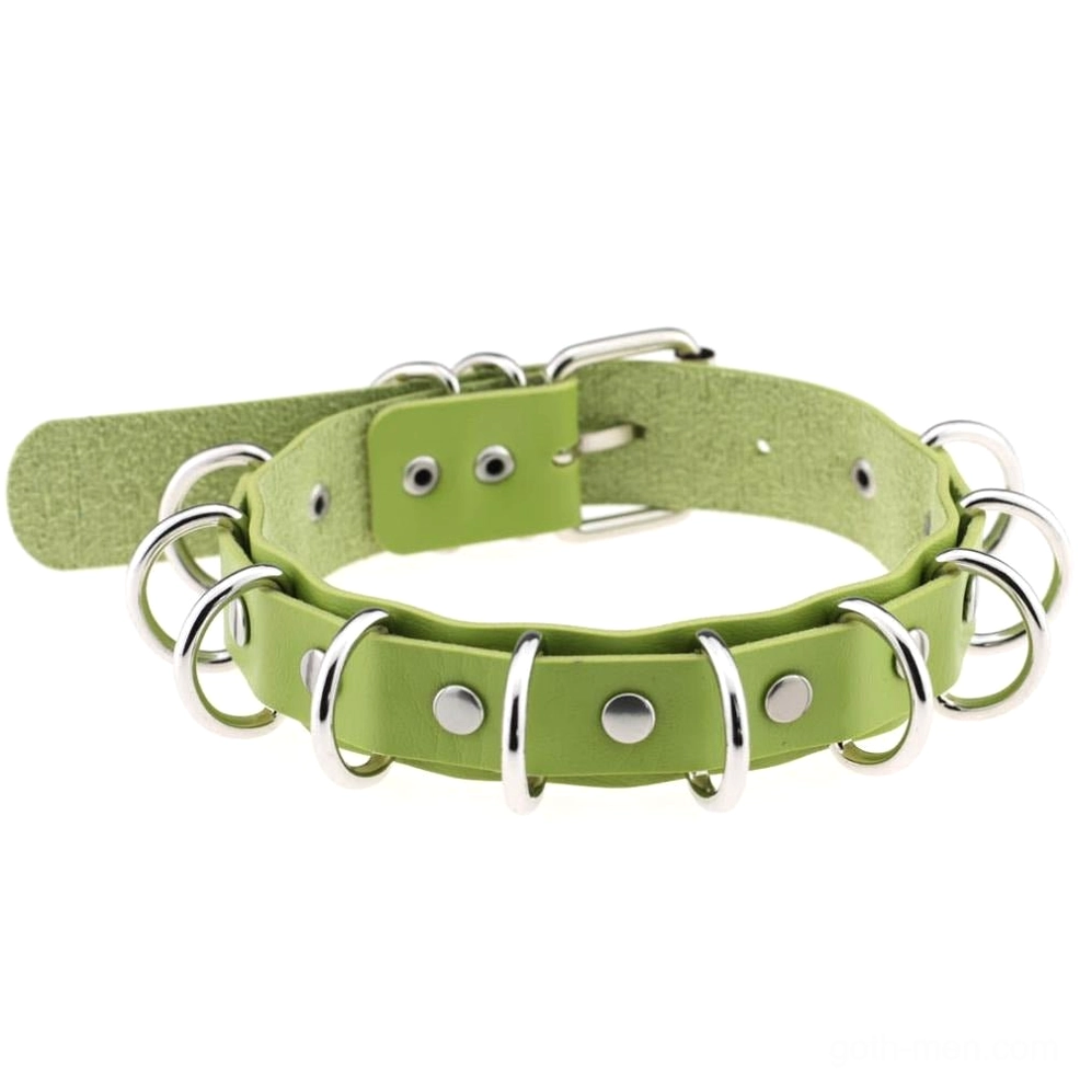 Lime green faux leather punk choker with silver metal rings cyber-goth style on white background