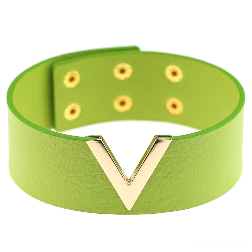 Lime green textured leather V-choker with gold metal - alternative gothic accessory