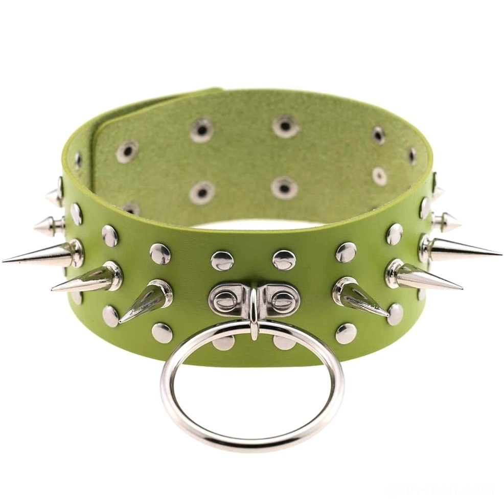 Lime green neon PU leather gothic choker with front metal O-ring and spike details