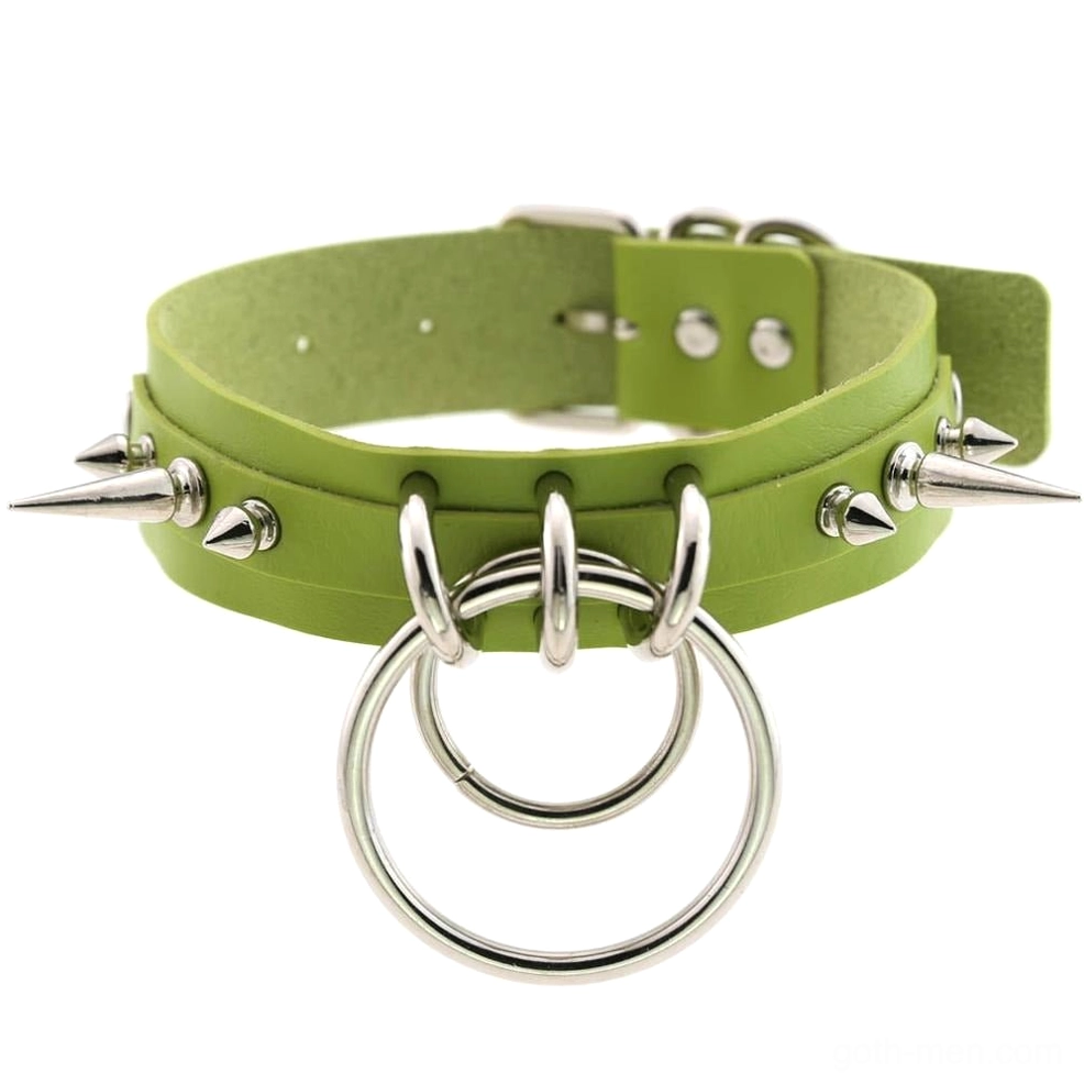 Lime green spiked PU leather choker with silver metal hardware and adjustable closure