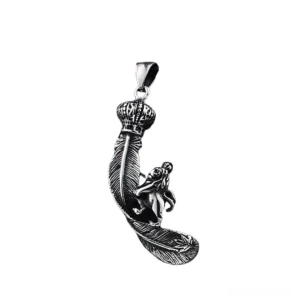 Royal lion crown feather pendant stainless steel gothic necklace, side view detail