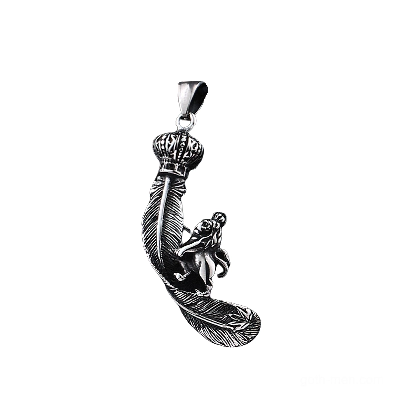 Royal lion crown feather pendant stainless steel gothic necklace, side view detail