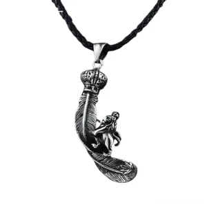 King lion feather gothic pendant necklace with braided black rope chain, front view on white background