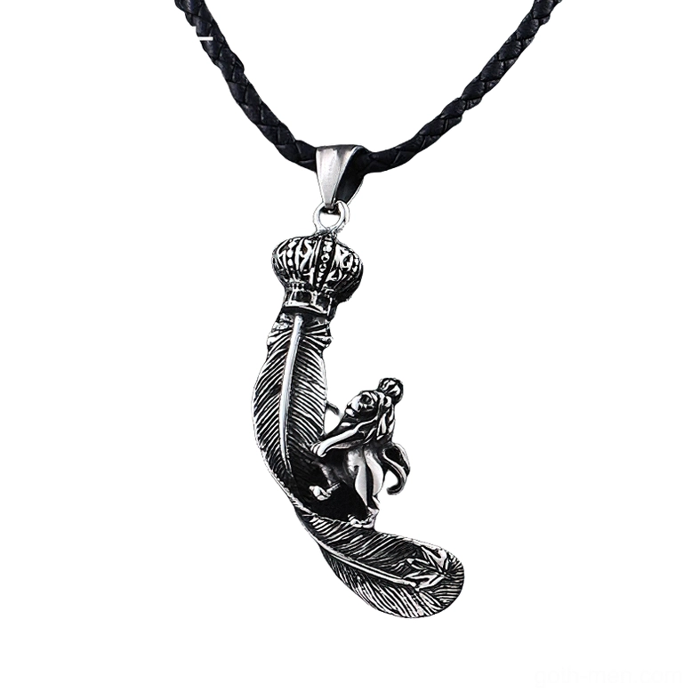 King lion feather gothic pendant necklace with braided black rope chain, front view on white background