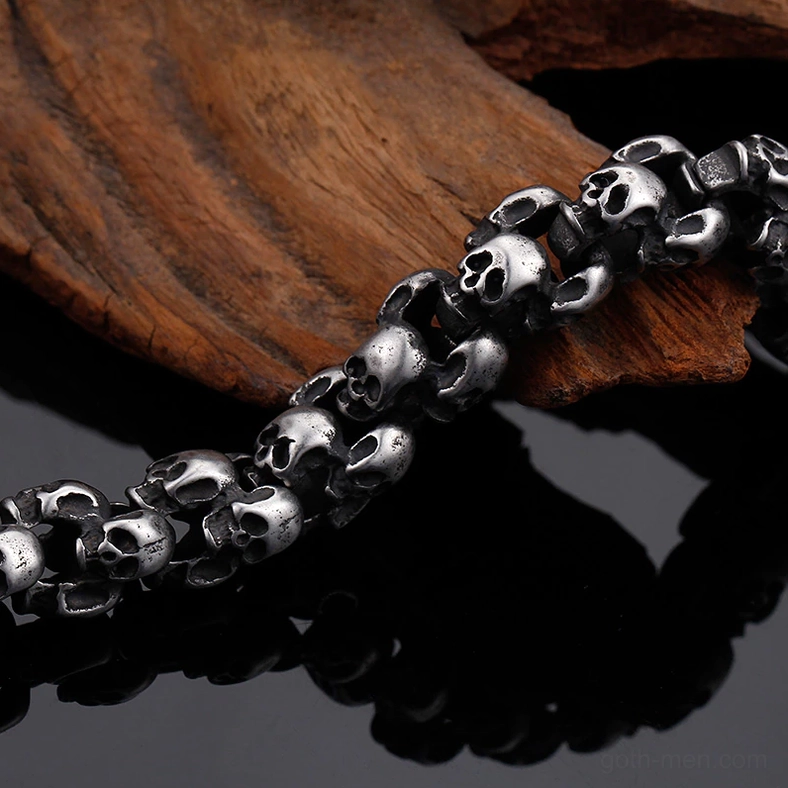 Gothic skull bracelet macro photography showing fine details of stainless steel craftsmanship