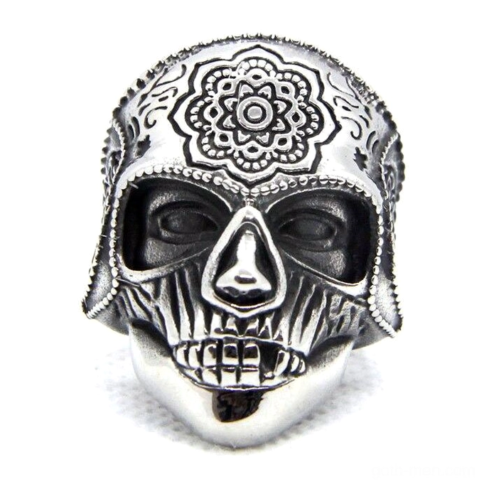 Gothic sugar skull ring direct front view showing detailed skull mandala engraving and Celtic knot patterns on silver tone finish