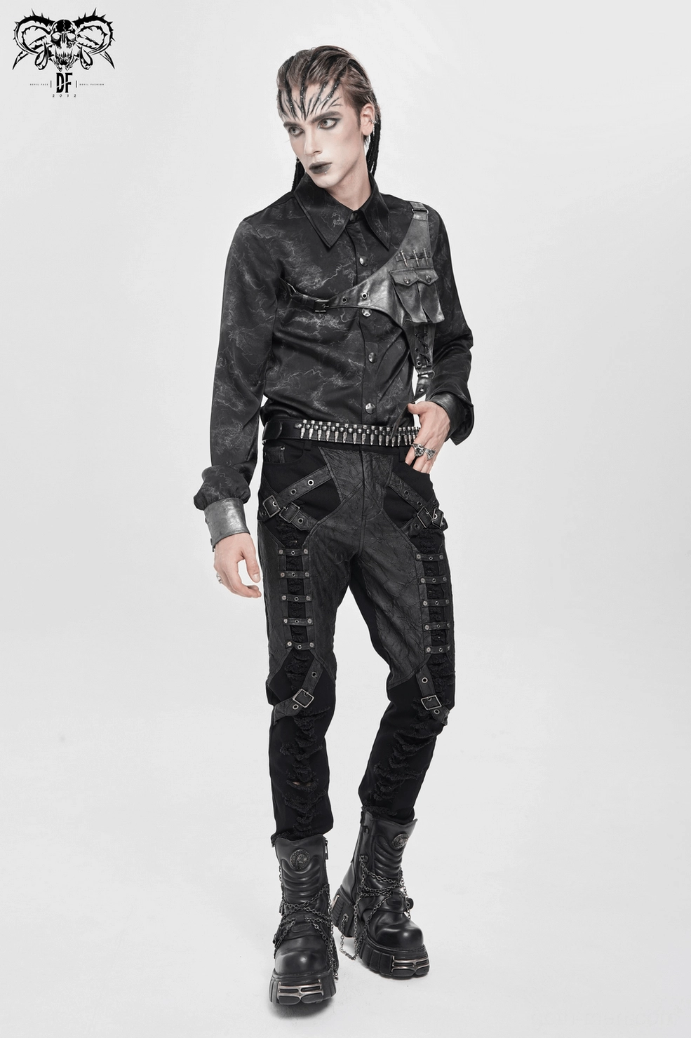 Marbled black fabric texture combined with PU leather harness on gothic button-up shirt