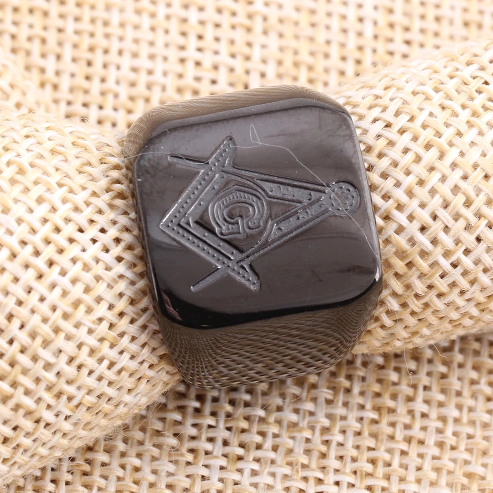 Masonic signet ring close-up of Freemasonry symbol engraving, 15mm width stainless steel gothic band