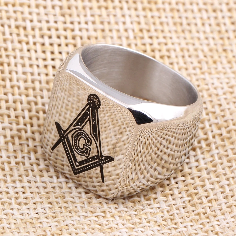 Masonic signet ring worn demonstration, stainless steel gothic statement ring for occult and esoteric aesthetics