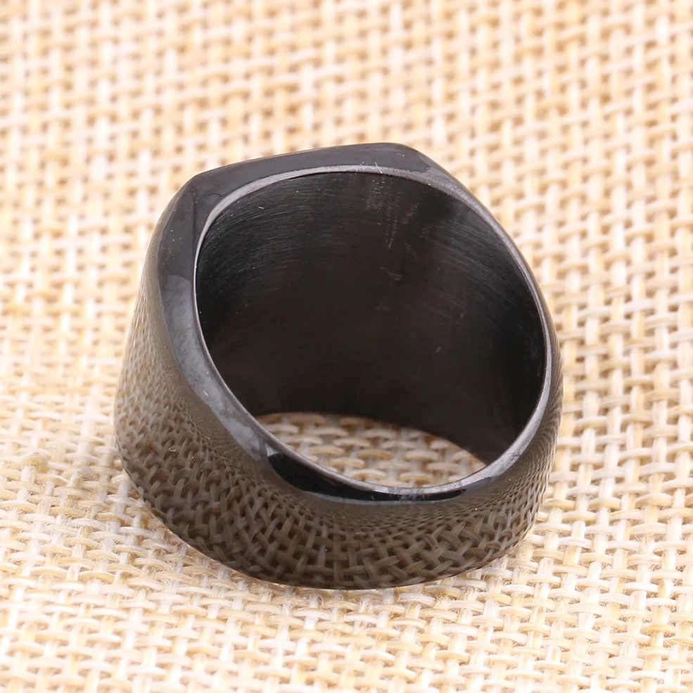 Multi-finish Masonic signet rings displaying silver, gold, and black stainless steel gothic jewelry options
