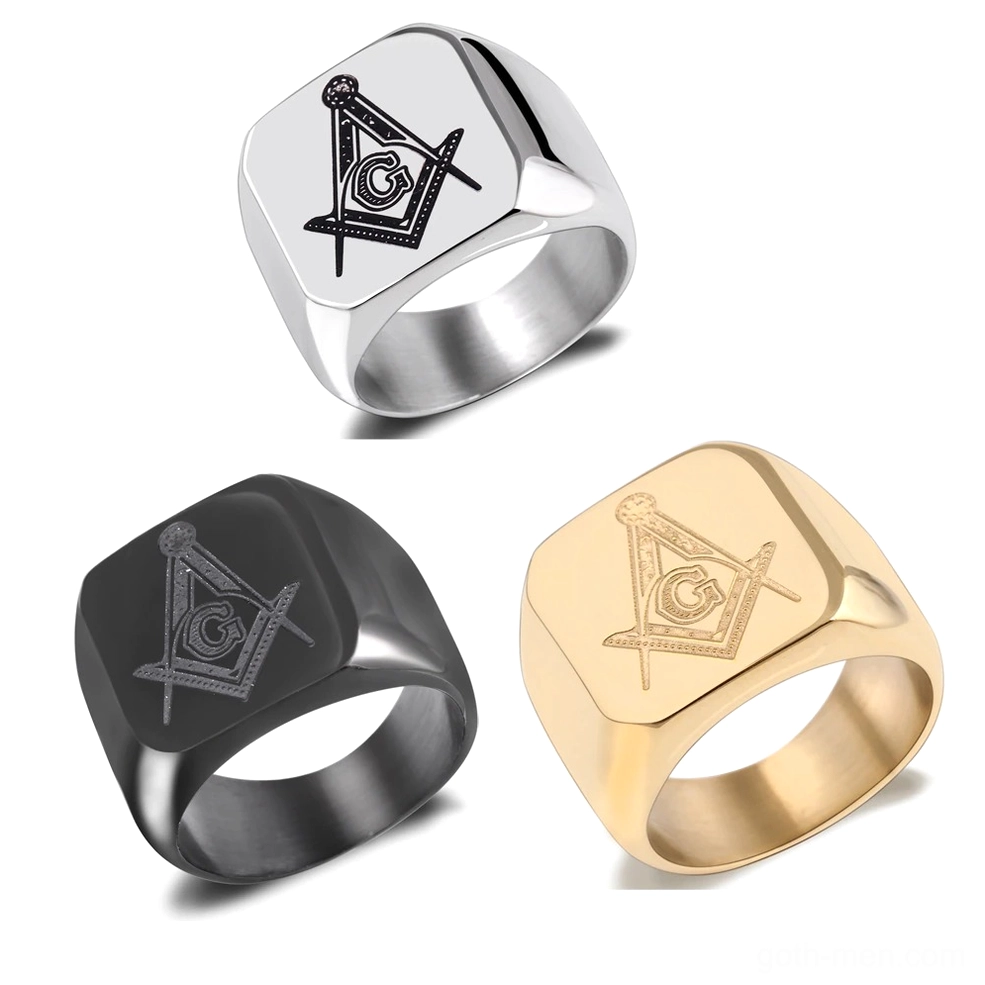 Set of three Masonic signet rings in silver, black, and gold finishes, stainless steel gothic jewelry collection