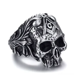 Masonic skull stainless steel gothic ring front three-quarter view with intricate floral engravings and vintage silver finish