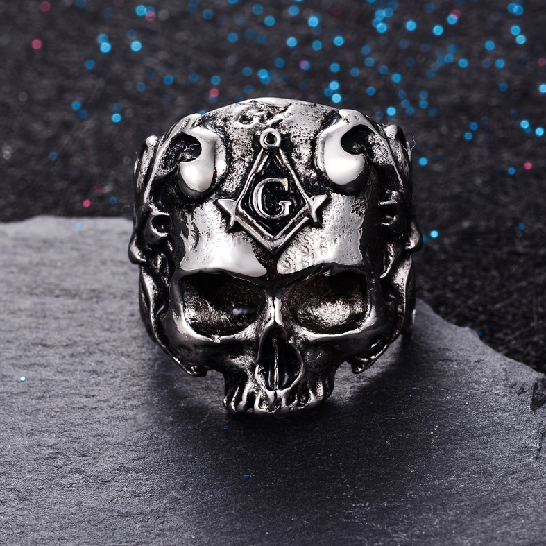 Masonic skull gothic ring detailed view of freemasonry emblem and skull imagery on ring face
