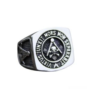Masonic ring front angle view with two-tone silver black stainless steel and carved skull details