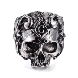 Masonic skull gothic ring direct front view showcasing freemason G emblem on skull with distressed metal texture