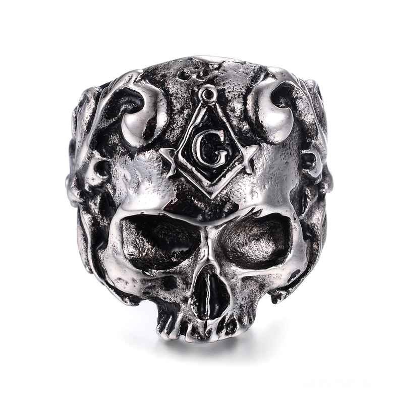 Masonic skull gothic ring direct front view showcasing freemason G emblem on skull with distressed metal texture