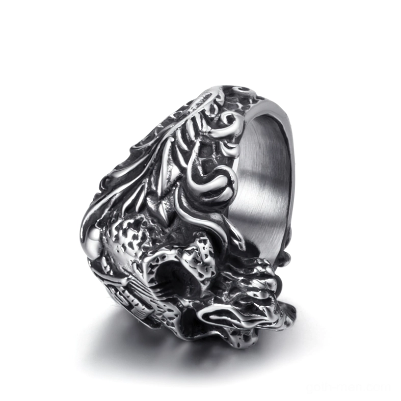 Masonic skull gothic ring low side-rear perspective displaying wrapped floral engravings and polished inner ring