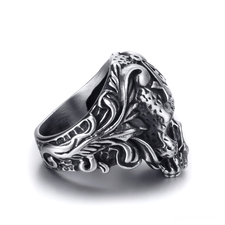 Masonic skull gothic ring rear-side view highlighting intricate scroll and floral engravings on band