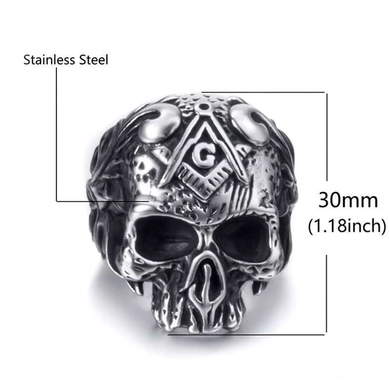 Masonic skull stainless steel ring specifications showing 30mm height and freemason symbol details