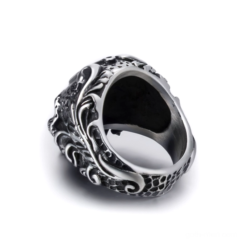 Masonic skull ring top-down view of inner band showing textured surface with engraved scroll patterns