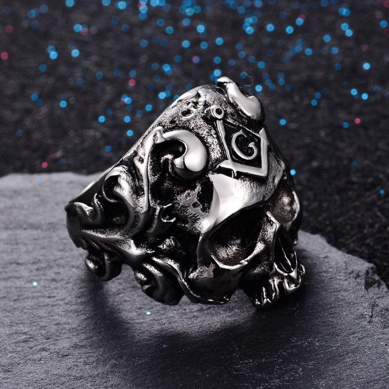 Masonic skull stainless steel ring alternative wear view demonstrating unisex gothic jewelry styling