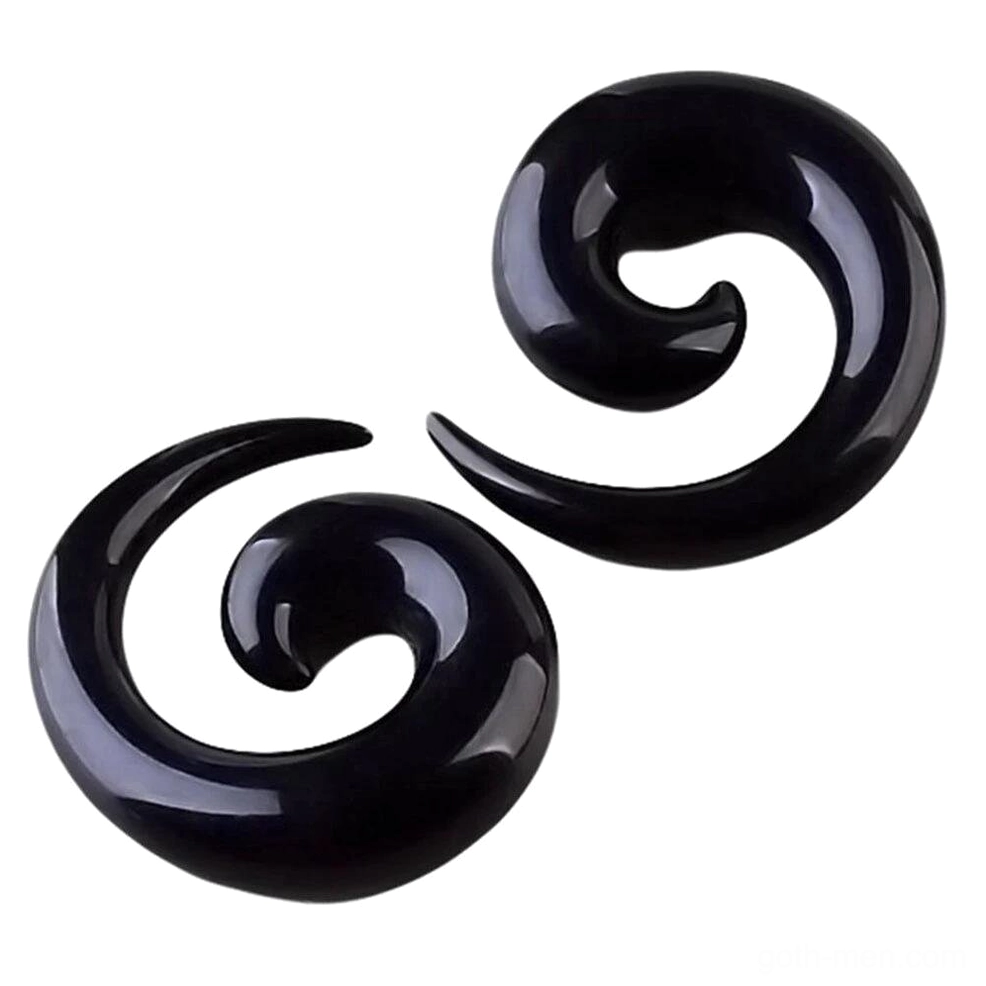 Matching pair of black spiral ear stretchers, symmetric gothic jewelry for stretched lobes