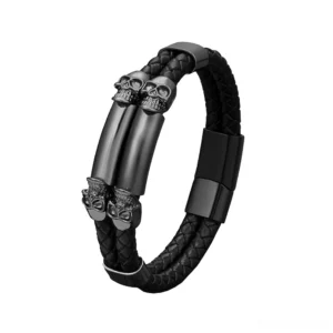 Matte black gothic skull bracelet with braided PU leather and magnetic stainless steel clasp