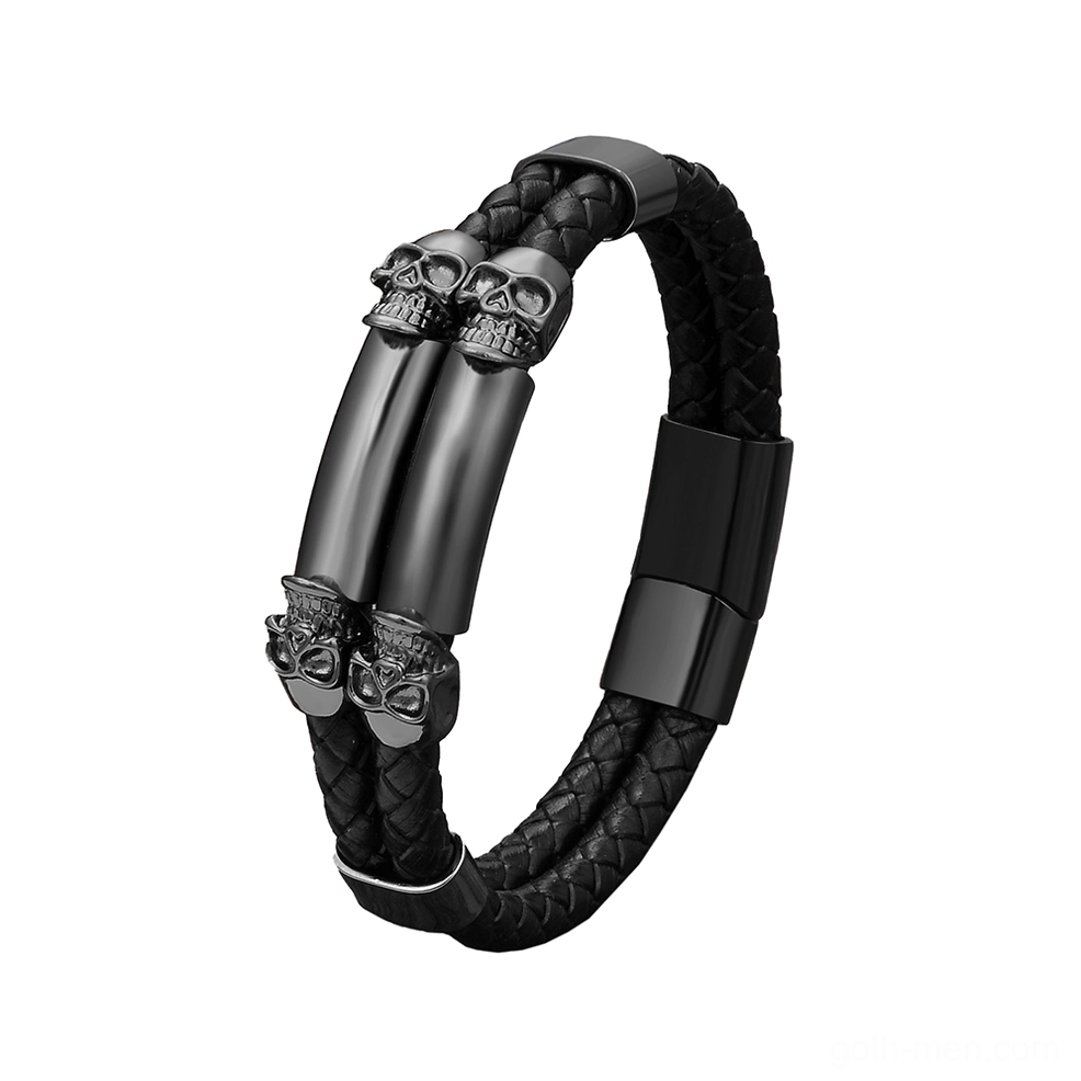 Matte black gothic skull bracelet with braided PU leather and magnetic stainless steel clasp