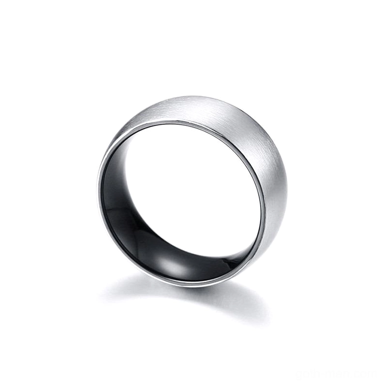Front overhead view of matte stainless steel band ring displaying brushed silver surface finish and polished black interior band detail on white background