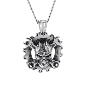 Mechanical skull gear necklace pendant front view with stainless steel chain, vintage silver finish gothic steampunk design