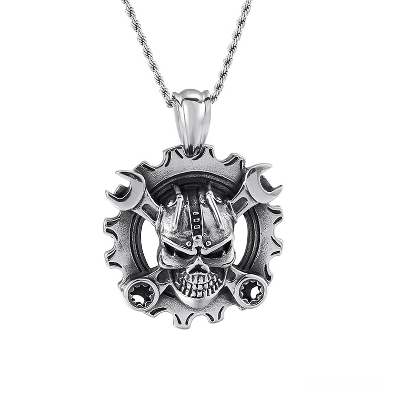 Mechanical skull gear necklace pendant front view with stainless steel chain, vintage silver finish gothic steampunk design