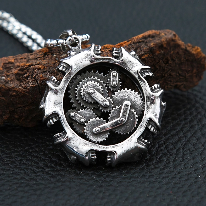 Close-up detailed view of mechanical skull pendant showing intricate gear components and industrial-gothic craftsmanship