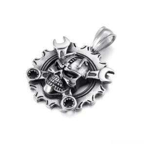 Side view of mechanical skull pendant showing 3D metal texture and industrial wrench gear frame detail