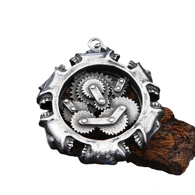 Mechanical skull steampunk pendant front view with intricate gear design and jagged circular frame in antiqued silver stainless steel