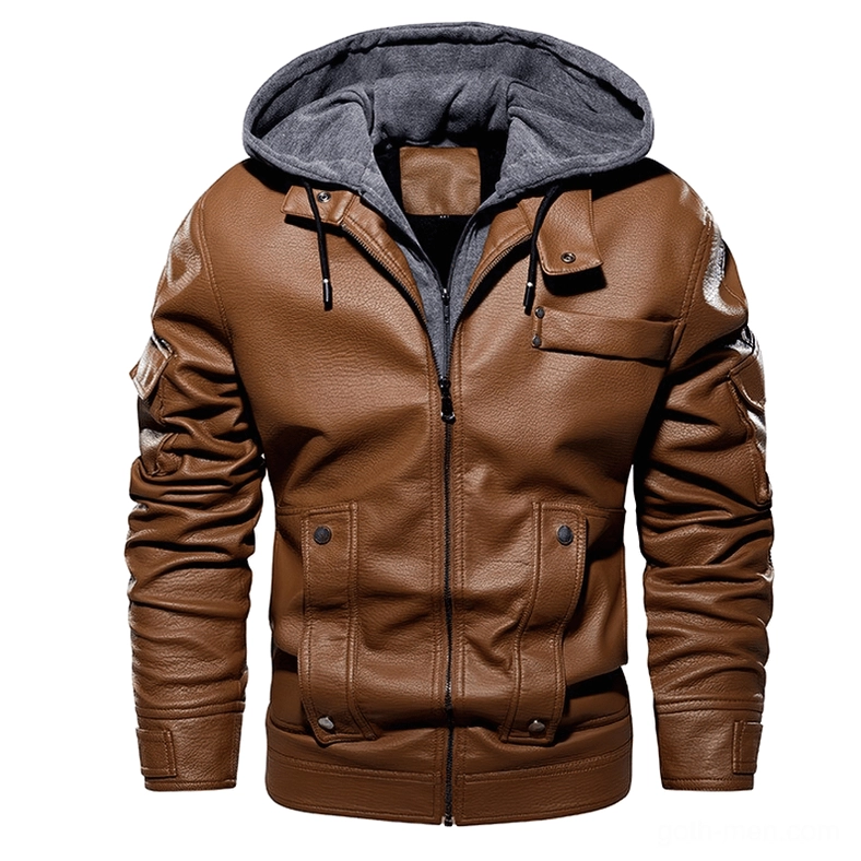 Medium brown PU leather gothic hooded biker jacket with chest flap pocket and sleeve cargo pocket