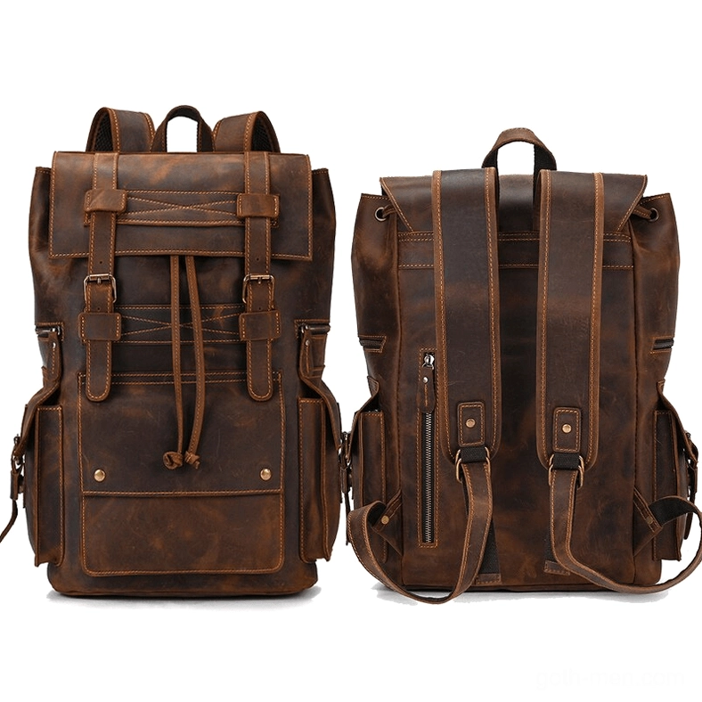 Medium brown genuine leather gothic backpack with side zipper pocket and adjustable straps - front and back
